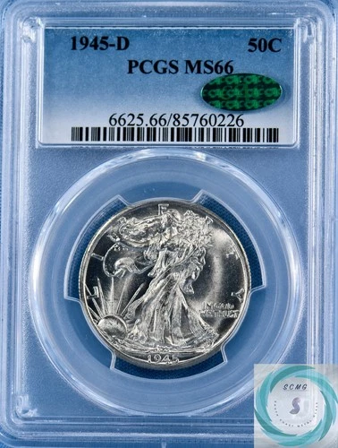 1945-D Walking Liberty Half Dollar PCGS MS66 w/CAC - Classic Blast White Walker!