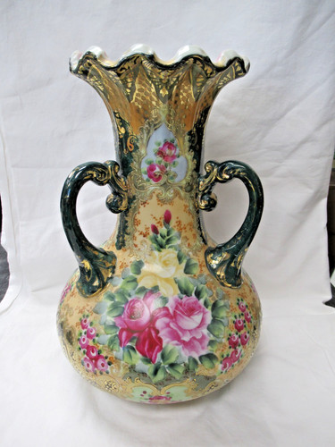 Large 3 Handled Early Nippon Vase Hand Painted Roses Lots of Gold Trim 12" Tall