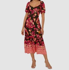 Adrianna Papell Women's Black Pink Floral Print Puff Sleeve Midi Dress Size 12