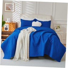 Royal Blue Quilt Queen Size Lightweight Bedding Set with Elegant Leaf