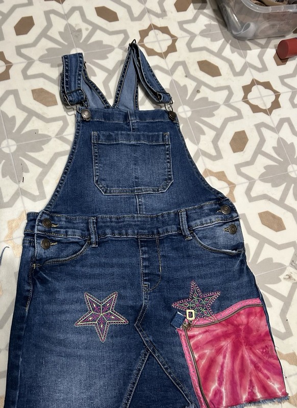 Child Size 10 Denim Dress W/ Machine embroidered Stars and a Fun tie Dyed Accent