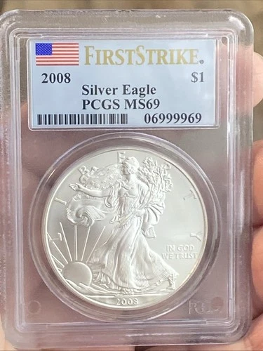 2008 PCGS MS69 FIRST STRIKE AMERICAN SILVER EAGLE ~ FLAG LABEL