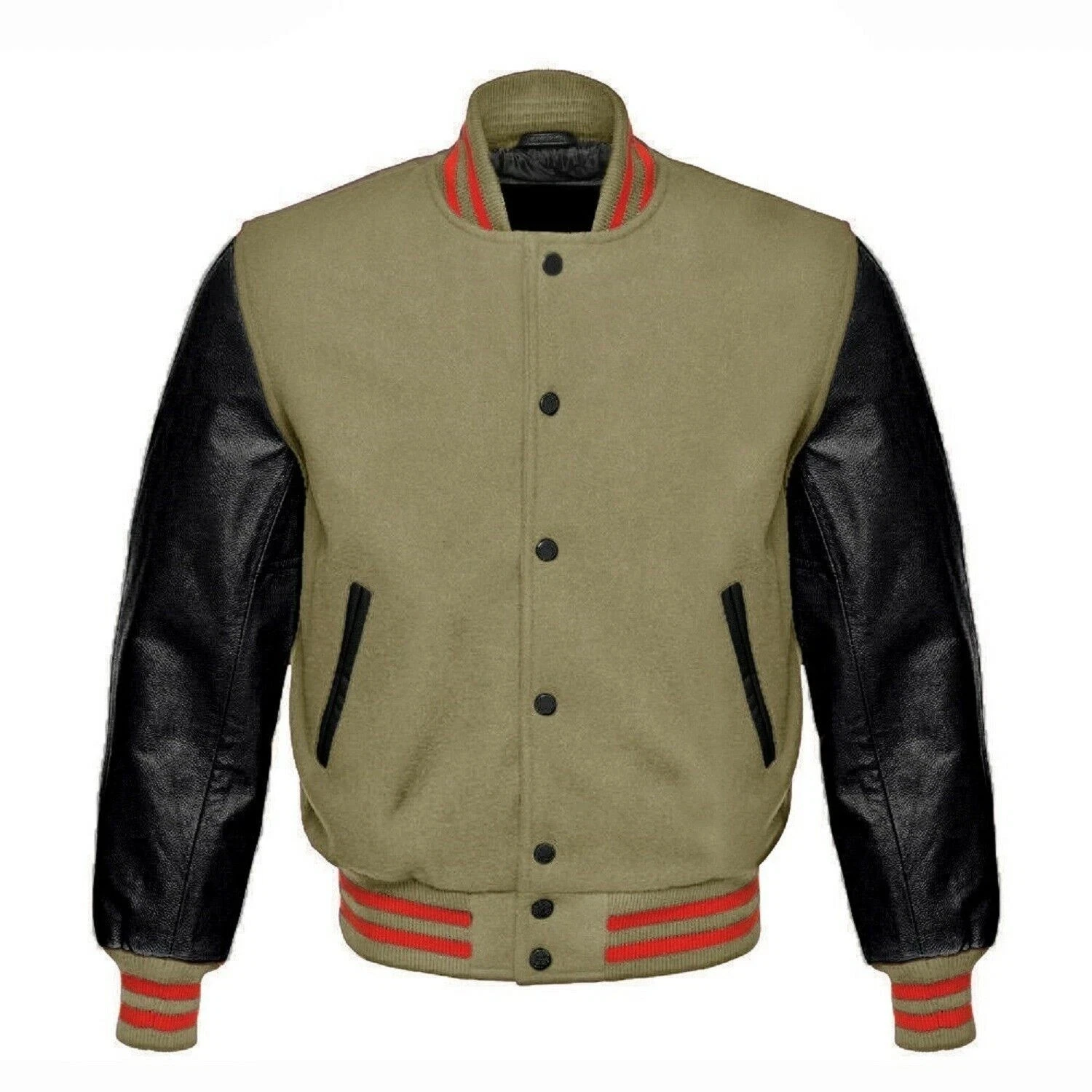 Beige Wool Varsity Jacket Black Leather Sleeves – Red Trim Letterman Style