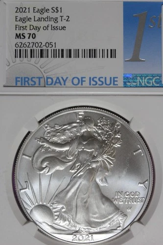 2021 NGC MS70 LANDING T-2 FIRST DAY OF ISSUE AMERICAN SILVER EAGLE #B51997