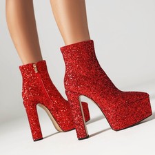 Women's Platform High Block Heels Ankle Boots Side Zip Bling Bling Glitter Shoes