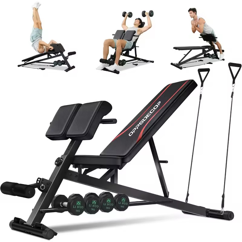Banco de pesas ajustable OPPSDECOR 900lbs con extensión Hyper Back, Preacher Cur