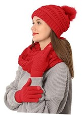 3pcs Winter Beanie Hat Scarf and Touch Screen Gloves Set for Women Red Wine