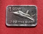 1 Gram Solid Silver Bar With F-35 Fighter Jet! .999 Pure Silver!