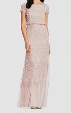 Adrianna Papell Women's Pink Beaded Short Sleeve Blouson Gown Dress Size 2