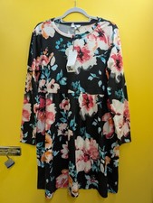 'Be You' Black Floral Smock Dress Long Sleeve Mini Babydoll Size 16