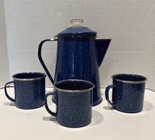 VTG Blue Speckled Enamel Lot 3 Mugs/ Cups Coffee Pot No Filter Camping