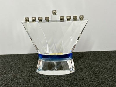 Modern Copa Judaica Blue Crystal Glass Menorah Blue Belt 6.5'' x 2.0'' x 6.5'' 