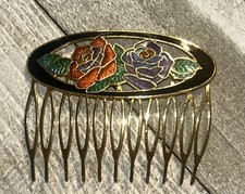 Vintage CLOISONN Enamel Gold Tone Red/purple blue Roses Hair Comb