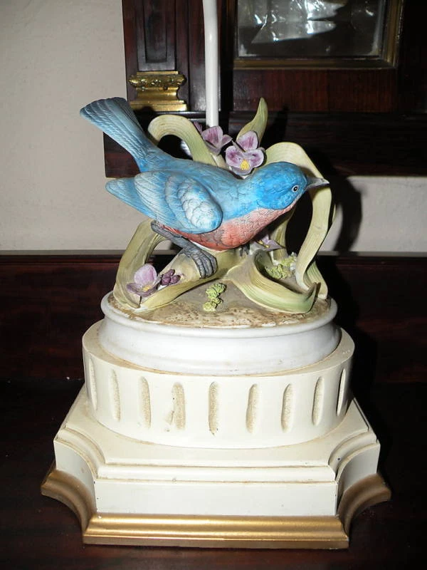 VINTAGE ANDREA BY SADEK PORCELAIN BISQUE BLUE BIRD LAMP