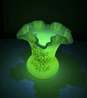 Vintage Fenton Custard Uranium Glass Ruffled Vase - Hand Painted & Signed