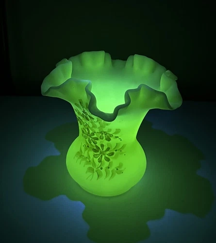 Vintage Fenton Custard Uranium Glass Ruffled Vase - Hand Painted & Signed