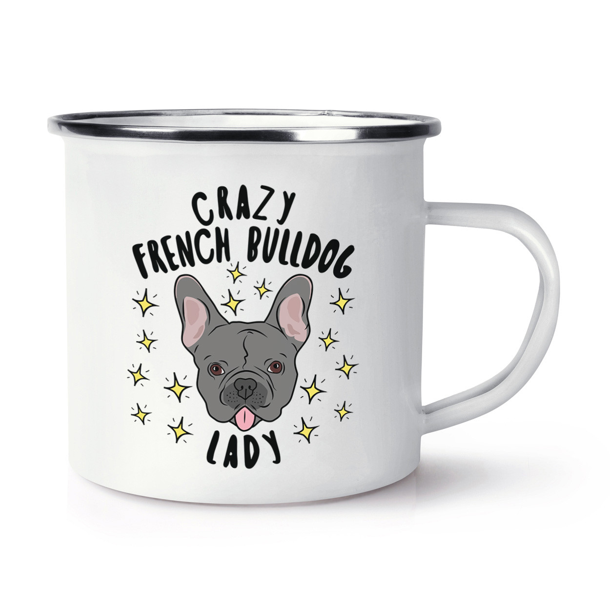 Crazy French Bulldog Lady Stars Retro Enamel Mug Cup - Dog Puppy Animal Camping