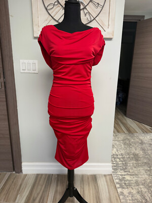 BCBGMAXAZRIA Red Draped Ruched Bodycon Dress Size XS Elegant Cocktail Long Dress