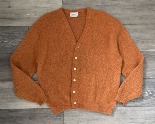 VTG 60s BRENT Montgomery Ward Orange Mohair Wool Shag Grunge Cardigan Sweater XL - Afbeelding 1 van 12