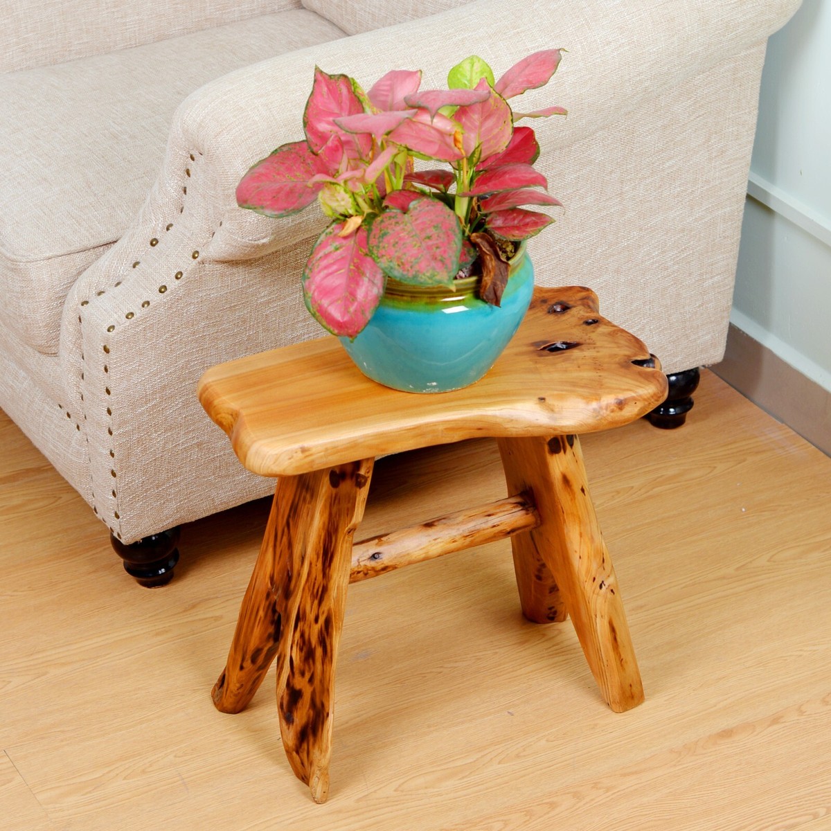 Tree Stump Plant Stand Stool Side Table, Small Natural Wood Bench
