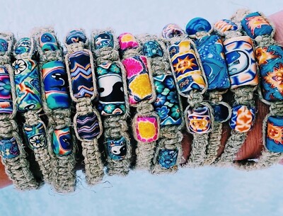 NEW 50 pieces Hemp Bracelets Polymer Clay Flowers Sun