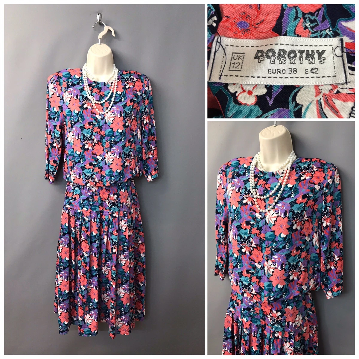 Dorothy Perkins Blue Pink Floral Vintage Tea Dress UK 12 EUR 38 US