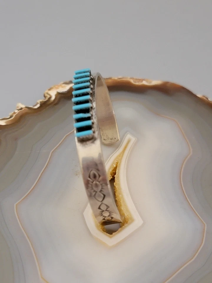 Vtg Zuni Sterling Silver Needlepoint Turquoise Childs Cuff Bracelet Signed RL - Image 3 of 4