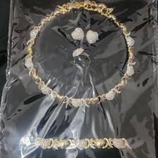 Gold Tone White Rhinestone 4pc Jewelry Set Necklace Earrings Bracelet Ring