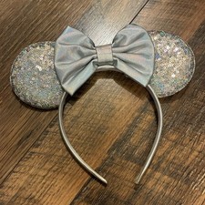 Silver Sequin Mouse Ears Headband Sparkly Bow Disney Style Costume Accessory