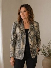 Chico's Gray Beige Leopard Print Blazer Jacket Women's Size 2 US Large