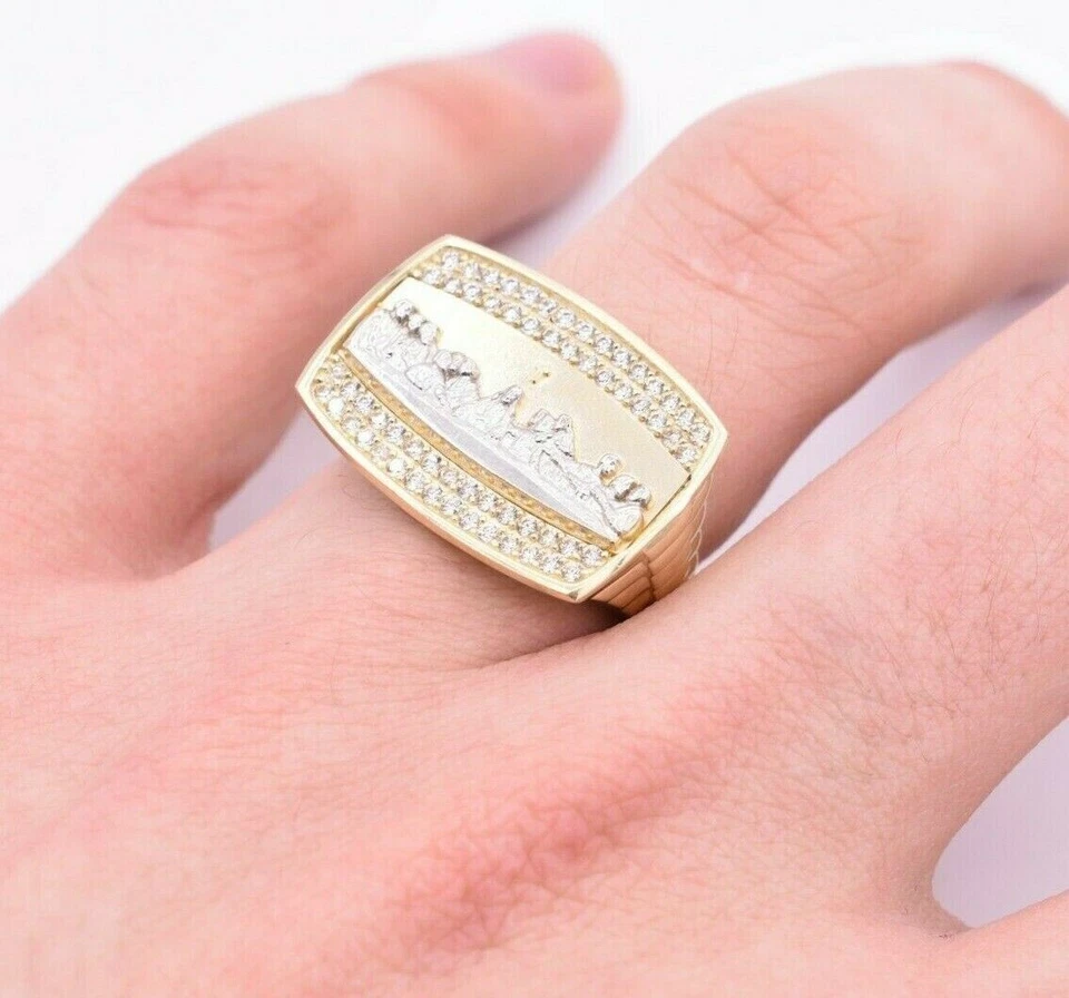 Anillo de circonita cúbica rectangular para hombre de oro amarillo blanco de 10 quilates sólido real TODOS LOS TAMAÑOS Foto 4 de 4