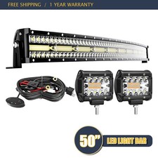 Curved 50" Triple Row 288W LED Light Bar 2X 4" 60W Pods Combo Beam w/Harness