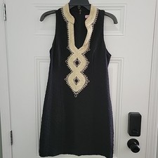 Lilly Pulitzer Black Gold Embroidered Shift Dress Boho Party Cocktail Sz 6 Lined
