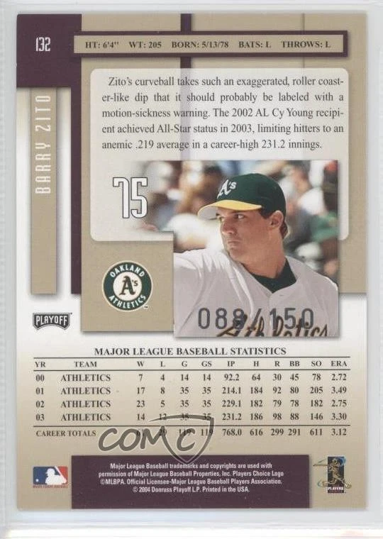 2004 Playoff Prestige Xtra Bases Purple /150 Barry Zito #132 - Image 2 of 2