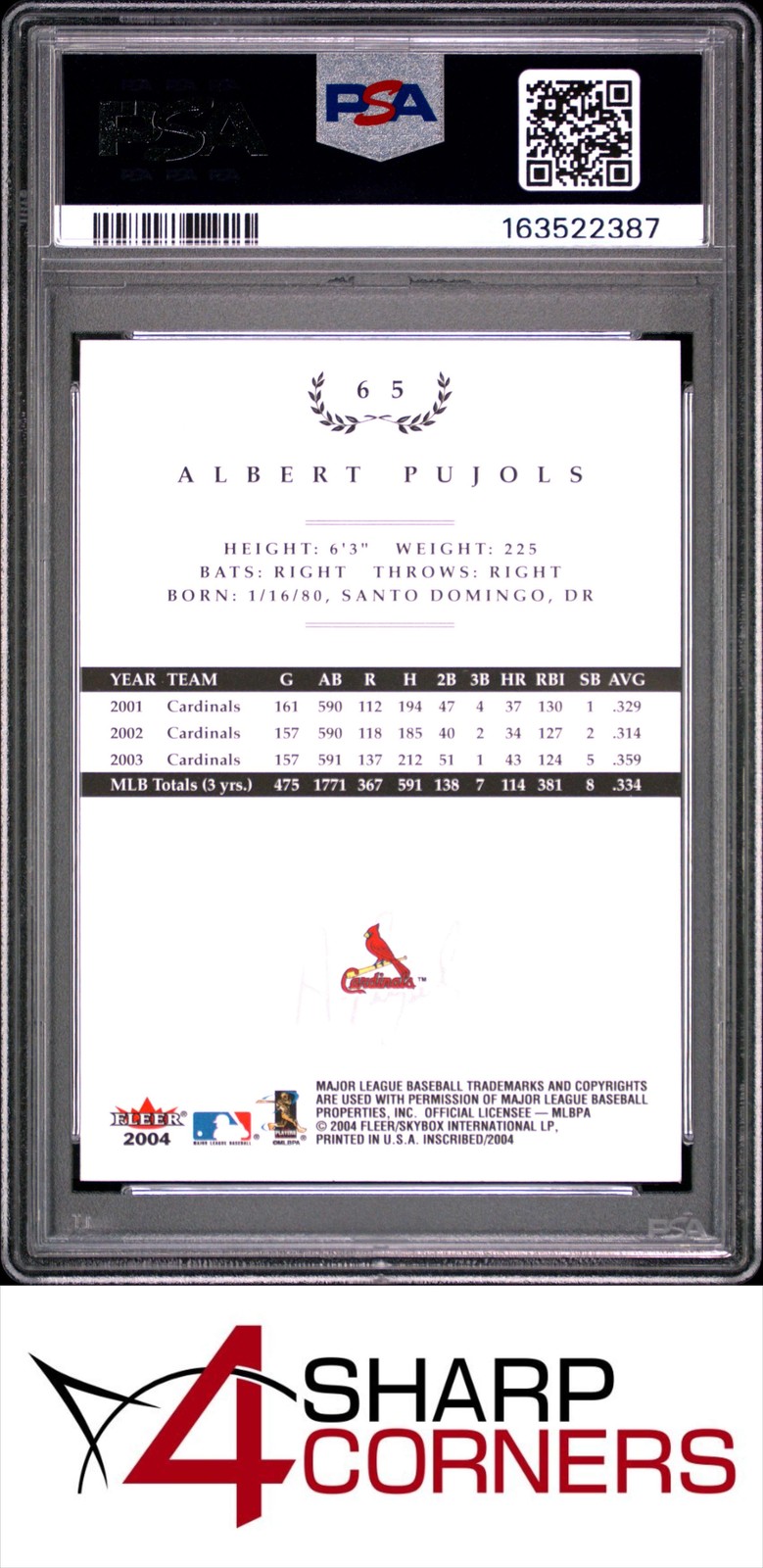 2004 FLEER INSCRIBED #65 ALBERT PUJOLS CARDINALS POP 5 PSA 9 view 2