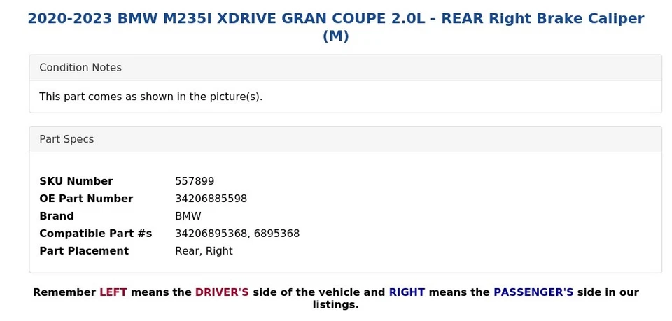 2020-2023 BMW M235I XDRIVE GRAN COUPE 2.0L - REAR Right Brake Caliper (M) - Image 4 of 4
