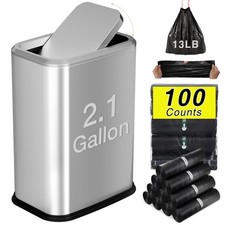 Bathroom Trash Can with Lid 8L/2.1 Gallon Silver Trash Can Small Garbage Can ...