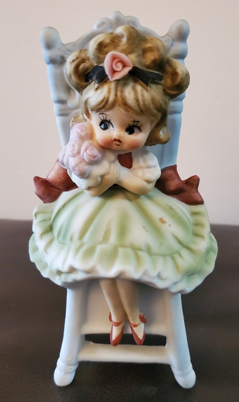 Vintage Adorable Girl Sitting On Tall Chair Holding Pink Flowers #4649 Lefton 