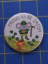 Vintage Pin Back Button Pin "Proud To Be Irish" Mouse Clovers St Patrick's Day