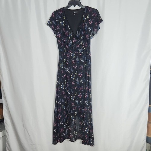 Lulus Act of Love Black Floral Print Midi Wrap Dress Size Medium Floral Flowy M - Picture 5 of 13
