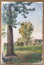 Aquarelle Originale René THÉRY (1870-1960) Paysage Arbres Prairie Chevaux