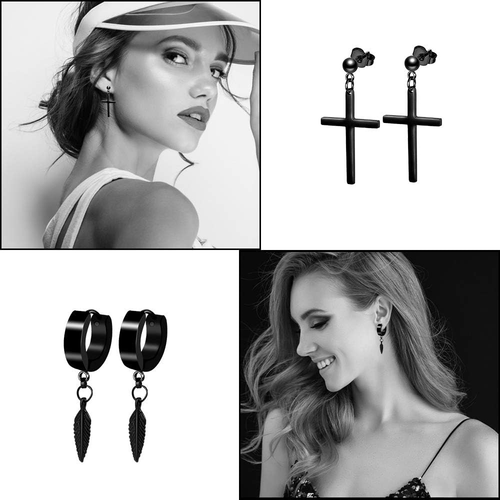 12 Pares De Aretes Tipo Argolla Acero Inoxidable Stud Negro Set Para Los Hombres - Picture 5 of 13