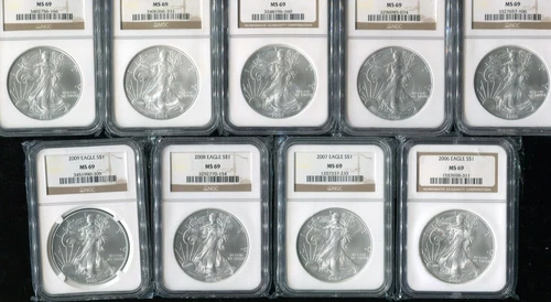 2001 2002 2003 2004 2005 2006 2007 2008 2009  Silver Eagle $1 - NGC MS69 x9