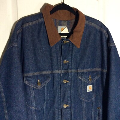 VINTAGE Carhartt Denim Jacket Aztec Blanket Lined Corduroy Neck X
