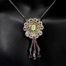 925 Sterling Silver Necklace Oval Fire Opal Rhodolite Sapphire Gemstone Jewelry