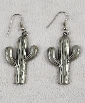 Vintage Ege  89 Pewter Cactus Earrings Pierced Fish Hook Dangle Southwest