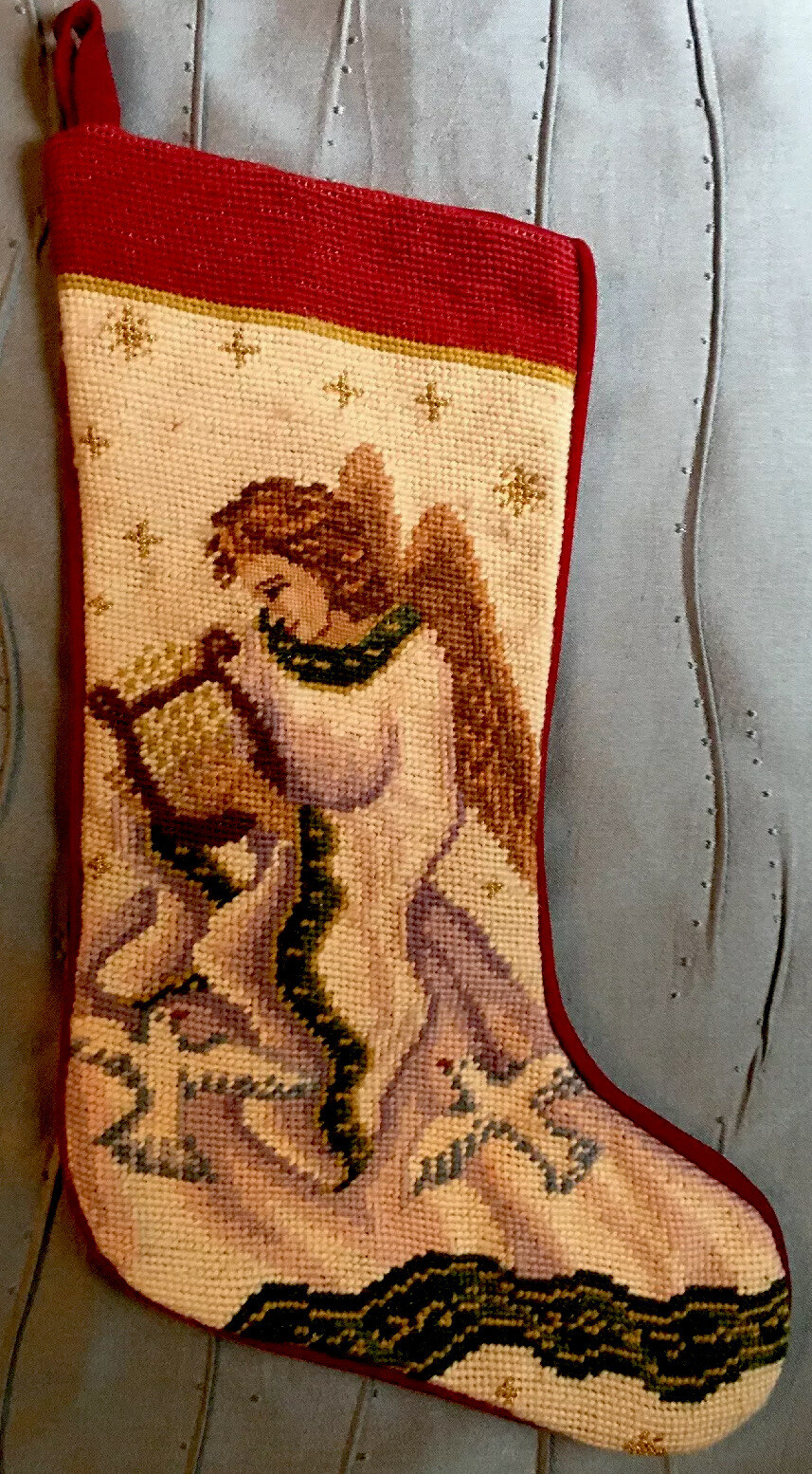 Vintage Needlepoint Christmas Stocking Angel Harp Ivory Burgundy Doves