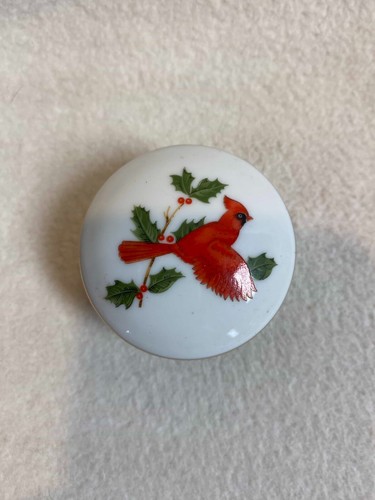 Vintage Lefton Lidded Small Round Trinket Box with Red Cardinal and Holly