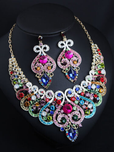 Fashion Crystal Rhinestones Jewelry Set Necklace Earrings Wedding Statement Gift - Foto 2 di 10