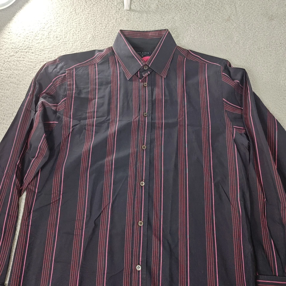 Camisa Ted Baker London Para Hombre 3 Gemelos Manga Larga Algodón Rayas Negro Rosa Foto 3 de 4